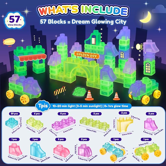 Gummy Bloc 57 PCS Soft Glow in The Dark Building Blocks for Toddlers, Dream City Glow Starter Kit, Squishy Sensory Stacking Toy with 2 Buildable Vehicles, Montessori STEM Preschool Gift for Boys Girls