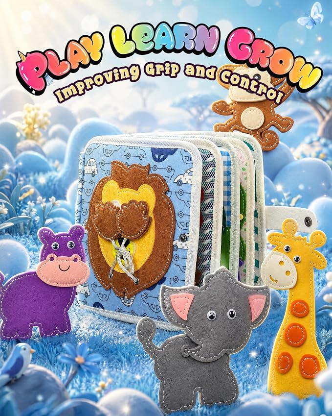 Montessori Busy Book for Toddlers, 8-Page Sensory Activity Book for Fine Motor Skills & Basic Dress Learning, Portable Travel Toy for Preschool Kids, Birthday Gift for Boys and Girls (Lion)