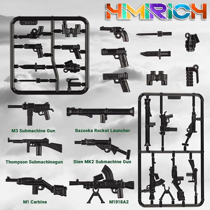 Military Weapons Pack 24 Pcs U.S. Accessories Kits Toys, Army Equipment Gear WW2 Guns for Boys 6+, Compatible with Mini Figure of Major Brand