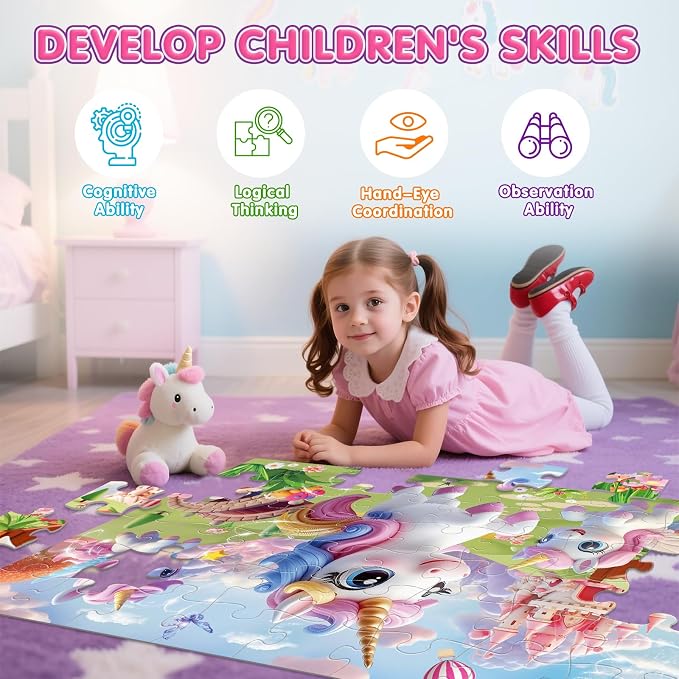 IFLOVE Unicorn Floor Puzzle for Kids — 48 Piece Jumbo Rainbow Unicorn Jigsaw Puzzle, 35 x 24 Inch Large Magical Unicorn Puzzle, Educational Toy Birthday for Girls Boys Ages 3-8