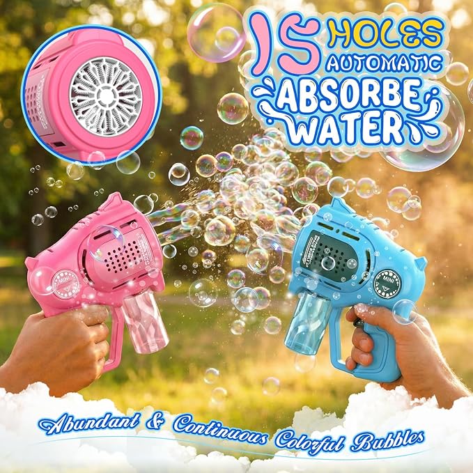 2-Pack Bubble Gun for Toddlers 1-3 Kids 4-8, 15-Holes Automatic Bubble Machine Blower Blaster Maker with 2 Bottles Solution, Easter Party Favors Summer Outdoors Wedding Toys Gifts for Boys Girls