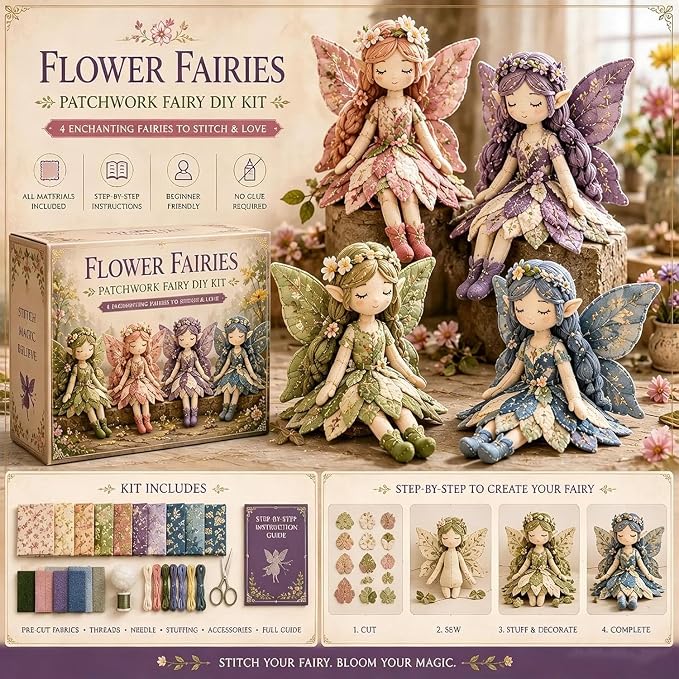 Fairy Patchwork DIY Collection, Fun Flower Fairy Patchwork Sewing Kit, Make 4pcs Winged Elf Cloth Dolls, Complete Fabric Supplies DIY Craft Set for Beginner Crafters, Home Decor Handmade Gift (#G)
