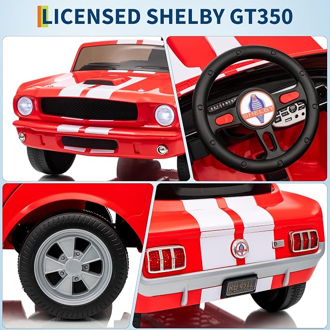 Garvee 24V 2 Seater Ride on Licensed Shelby GT350, Battery Powered Ride on Toys for Kids with Remote Control, Ford Shelby Kids Electric Vehicle 2 Seat, Safety Belt, 2 Speeds, LED Lights, Red