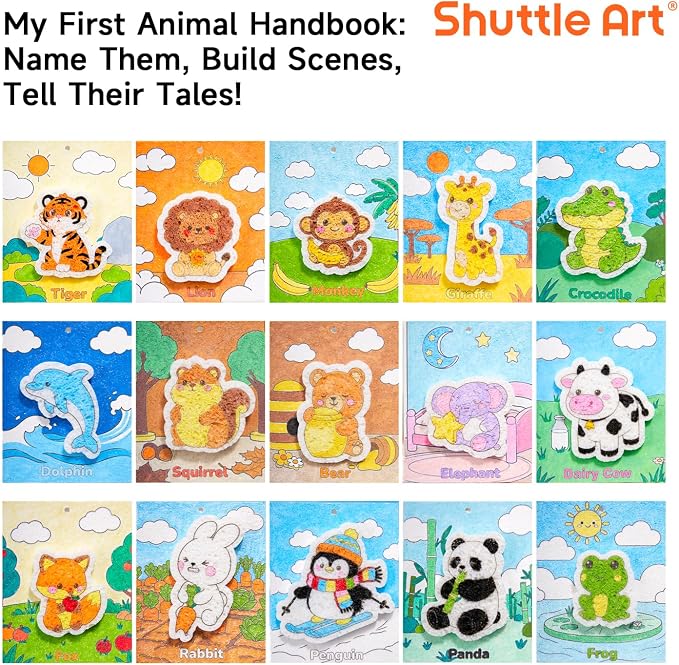 Shuttle Art 63 Pcs Magic Foam Texture Painting Kit Animal Series: 15 Animal Foam Pieces, Coloring Book with 15 Scenes, 12 Acrylic Paint Markers, Magical 3D Effect DIY Art Craft