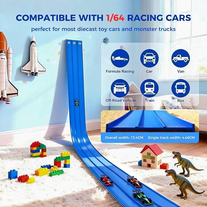 Flexible Race Track Toys for Kids: 20 Ft Flex Race Car Ramp Track with Suction Cups - Rolls Up Portable DIY Racetrack with 4 Racing Cars- Birthday Gifts for Boys Girls Ages 3+