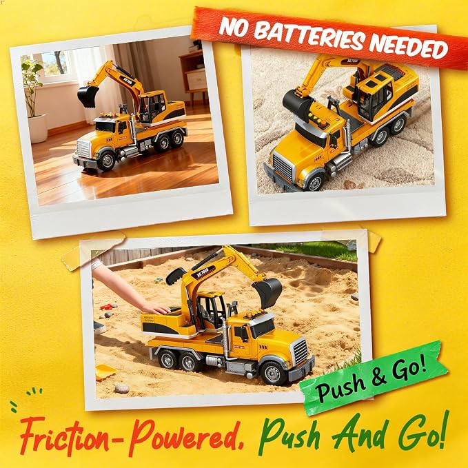 SMILESSKIDDO Excavator Toy - 1:12 Large Friction Powered Excavator Truck Toy with Lights, Sounds, Toy Trucks for Boys Girls Age 3, 4, 5, 6, 7 Years Old, Birthday Gifts for Boys Girls