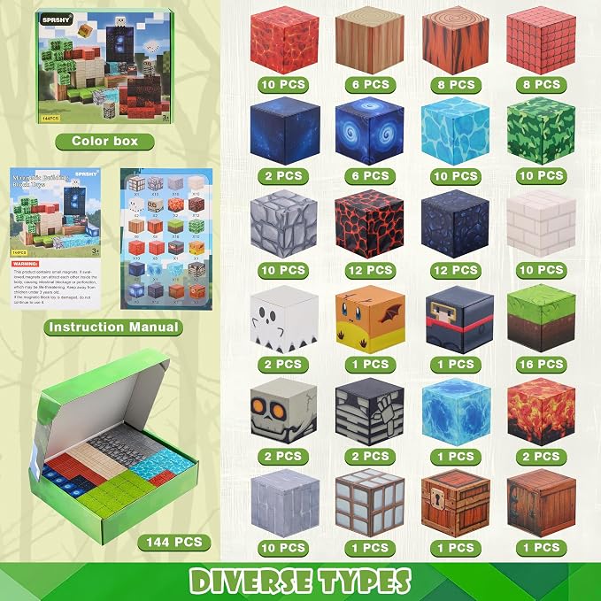 Magnetic Building Block Toy - 144PSC Stacking Construction Set to Cultivate STEM Skills for Boys and Girls Gifts,Kids 6 7 8 9 Birthday Present