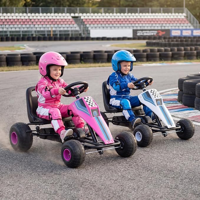 Costzon Pedal Go Kart, 4 Wheel Ride on Toy Pedal Car with Adjustable Seat, Handbrake, Free-Wheel & Pedal Modes, Outdoor Bicycle Go Cart with Wear-Resistant Wheels, Gift for Boys and Girls (Pink)