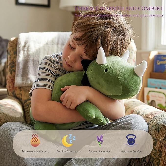 OSOCU® Microwavable Heating Pad Green Triceratops Plush - 1.4 Lb Weighted Stuffed Animal Toy with Tourmaline Beads & Lavender - 16" Squished Long Dinosaur Pillow - Lumbar Back Cushion Lasting Warmth