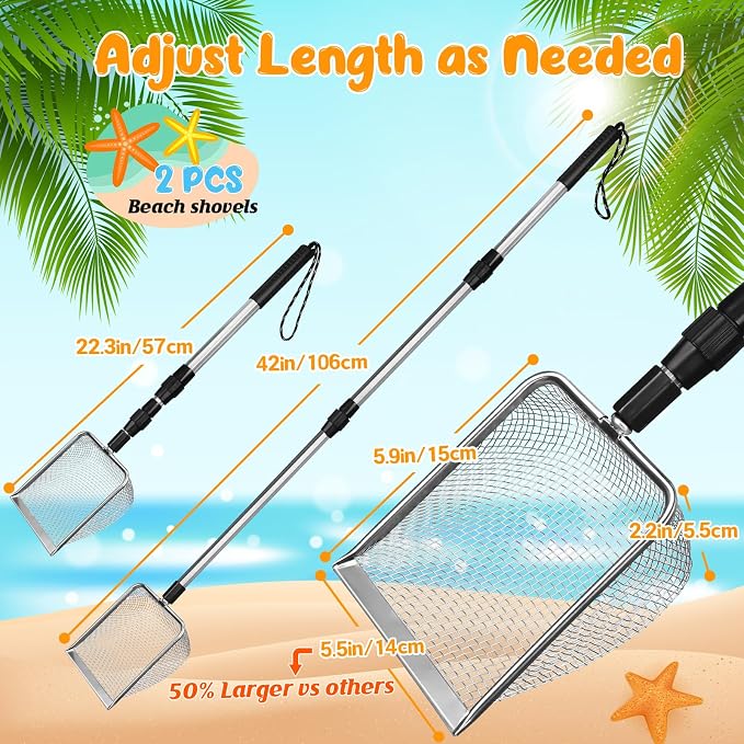 2 PCS Beach Mesh Shovel Sand Sifters, [50% Larger] Summer Enlarged Shark Tooth Sifter for Shell Collecting, Filter Sand Scooper Beach Tools for Adults and Kids