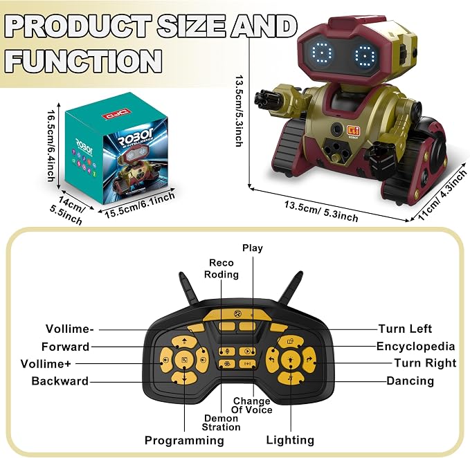 BYTEWAR Interactive Smart Robot Toys, Rechargeable Remote Control Emo Robot with Learning Gesture Sensing, Auto-Demonstration, Music and Dance, Shining LED Eyes, Birthday Gift for Kids(Gold)