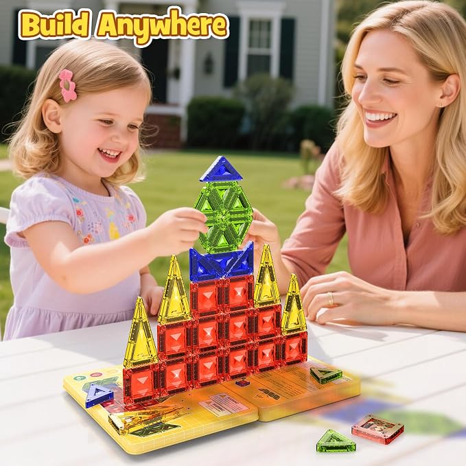Mini Magnetic Tiles Travel Set - 40PCS Diamond Texture Magnetic Building Blocks for Kids, 10% Thicker & Portable Yellow Metal Storage Box, Montessori STEM Educational Toys Gift for Ages 3+