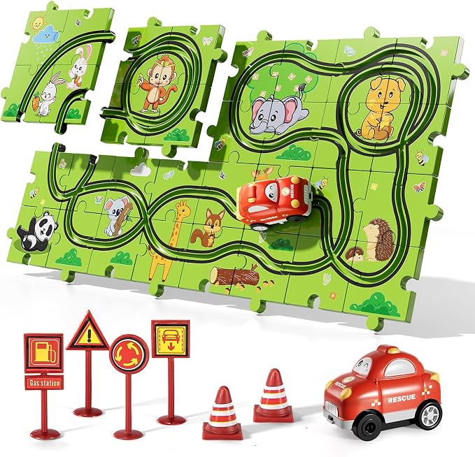 Bennol 39PCS Puzzles Race Tracks Car Toys for 1 2 3 4 5 Year Old Boys Toddlers, Cars Gifts Puzzle Set with Race Track, Toddler Car Toy Set for Kids Boys Girls