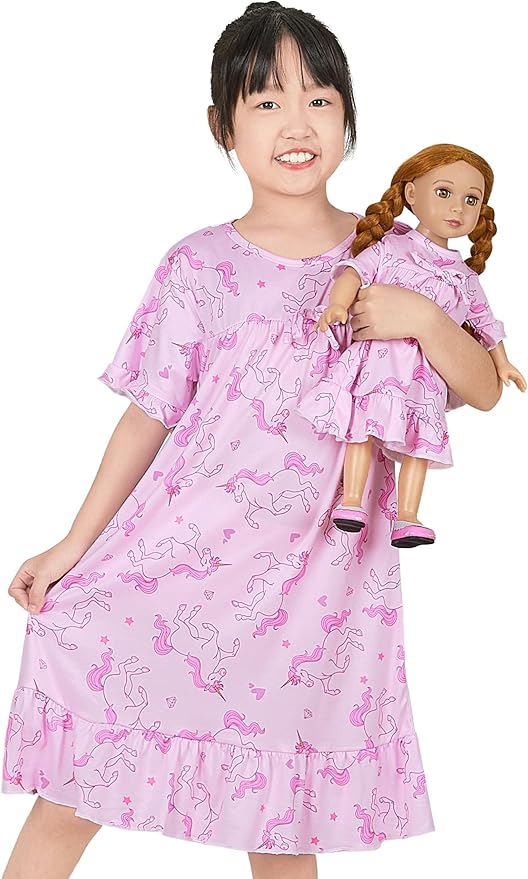 MHJY Matching Girls & Doll Nightgowns Vintage Short Sleeve Sleepwear Pajamas Dress for Girls and 18" Girl Doll