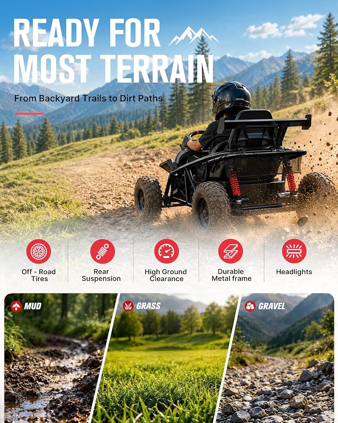 First Ride On 36V Kids Off-Road Go Kart, 400W Electric Ride-On Car for Ages 6+, Up to 9.3 MPH, EVA Tires, Metal Frame, Hall Throttle, Electronic Brake, Adjustable Seat, Bluetooth (Black Camo)