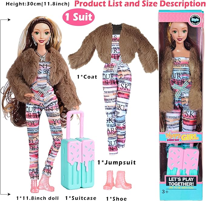 6 Pack Fashion 11.5 inch American Toy Prinecess Dolls Playset with Outfits Dress Design and Accessories Like Handbag Hat Crown Necklace Suitcase (Gift Box Package)