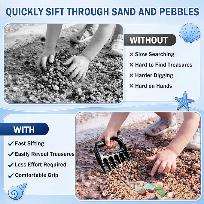 Shimeyao 2 Pcs Sand Flea Rake with Beach Collecting Bag, Sand Scoop with Shovel, Plastic Sands Sifter for Beach, Claw Rake Shell Scooper, Shark Teeth Digger for Picking Up Shell Sea Glass Hunting Tool