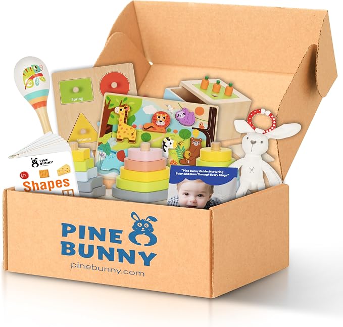 Pine Bunny Montessori Wooden 11-in-1 Toy Set for 13+ Months 3-in-1 Coins Carrots Matchsticks box Shape Sorter Bunny Doll Sand Hammer Animal Puzzle Educational Learning and Problem Solving Toddler Toys