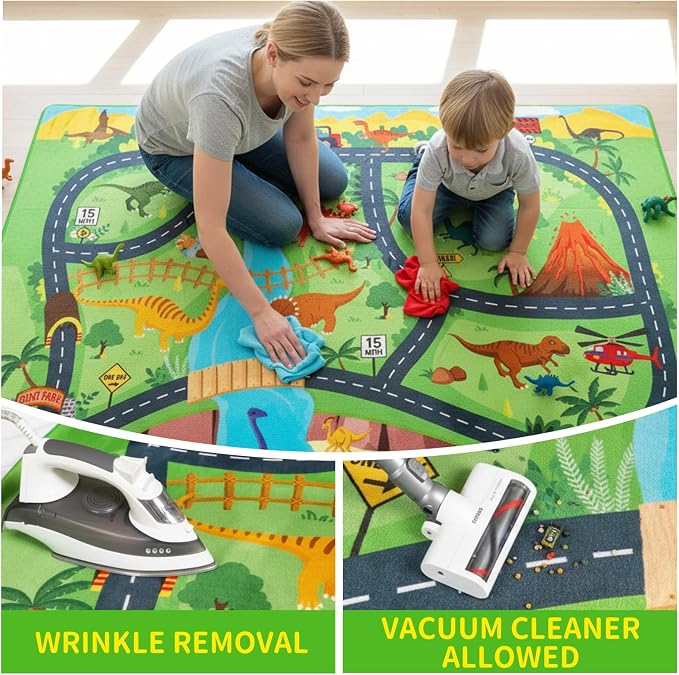 Car Rug Play Mat,3'3" x 4'11" Dinosaur Park Road Car Mat for Kids,Non-Slip Dino Car Track Rugs for Kids Toy Cars,Educational Kid Road Playmat Rug for Playroom Bedroom Kid Room(for Age 2+)