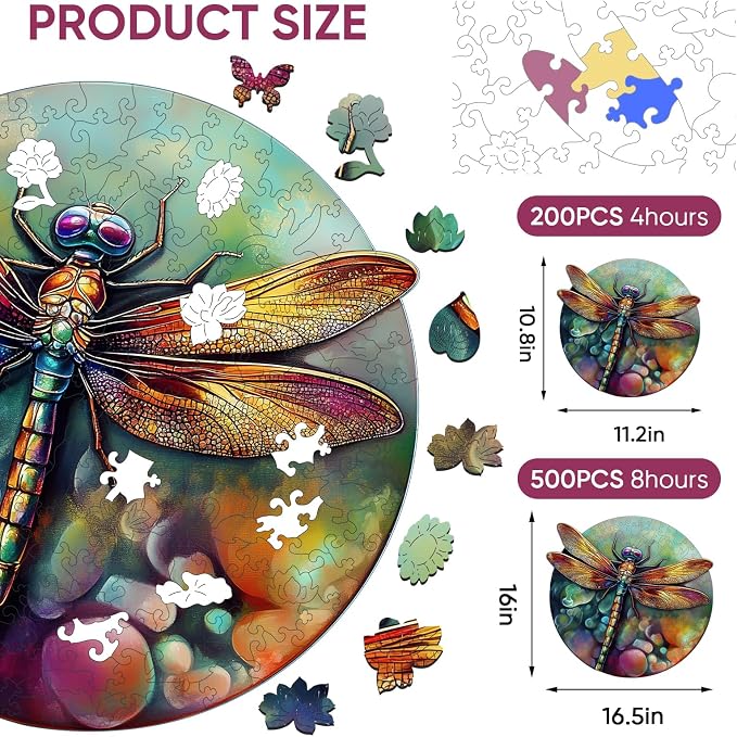Mys Aurora Wooden Puzzles for Adults, Dragonfly Jigsaw Puzzles 200 Pieces, Unique Shaped Round Flower Puzzles for Adults and Kids, Family Game 11.2 x 10.8 Inch