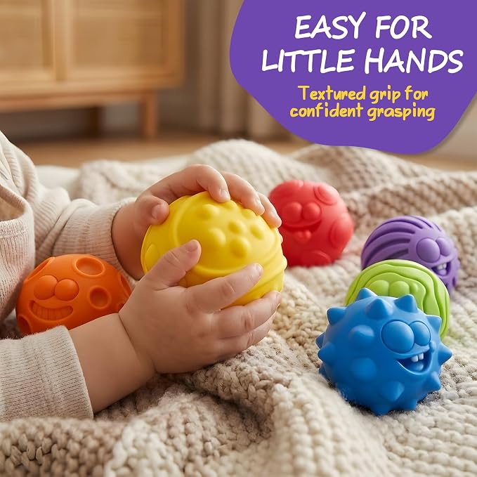 Baby Sensory Balls for 6-12 Months, 6PCS Textured Infant Toys | Easy Grasp Ball Set, Soft Teething Toys Baby Development, Fine Motor Skills, Bright Color, Early Learning Gift