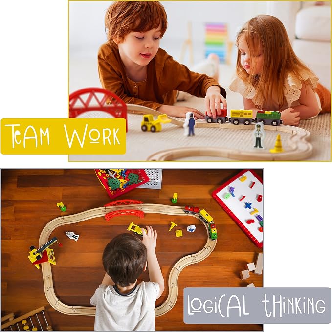 KipiPol Wooden Train Sets for Boys 2-4-7 – 38 Pcs Wood Train Set for Toddlers w/Crane, Bridge & Wooden Train Tracks – Train Toys for 3 Year Old Boys & Girls – Fits Thomas Brio IKEA Melissa and Doug