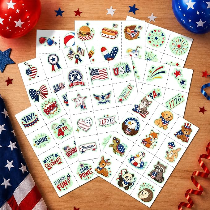 JCFIRE Luminous 4th of July Tattoos Glow in The Dark, Temporary Tattoos for Kids and Adults, 4th of July Accessories for Women Girls, Fourth of July Decorations Supplies