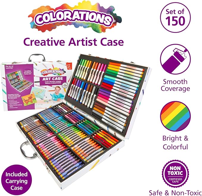 Colorations - Creative Artist Case - 150 pcs - Markers, Crayons, Colored Pencils, Paper, Art Set for Kids, Coloring Kit, Washable