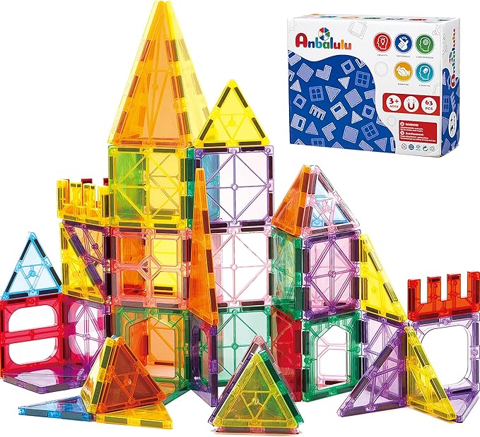 Anbalulu Magnetic Tiles, 63PCS Magnetic Blocks for Kids, Magnet Building Set, Construction Building Set,STEM Sensory Educational Toys Gift for Toddlers Kids 3-9 Year Old