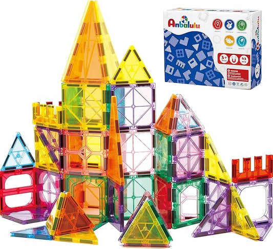 Anbalulu Magnetic Tiles, 63PCS Magnetic Blocks for Kids, Magnet Building Set, Construction Building Set,STEM Sensory Educational Toys Gift for Toddlers Kids 3-9 Year Old