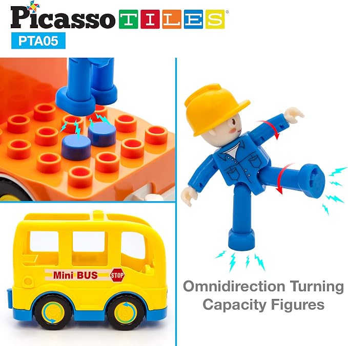 PicassoTiles Magnetic Figures 5 Piece Vehicle and Action Figure Set Including School Bus, Car, Truck and 2 Drivers Magnet Expansion Pack Toddler Toy Kit Pretend Playset for Construction Building Block