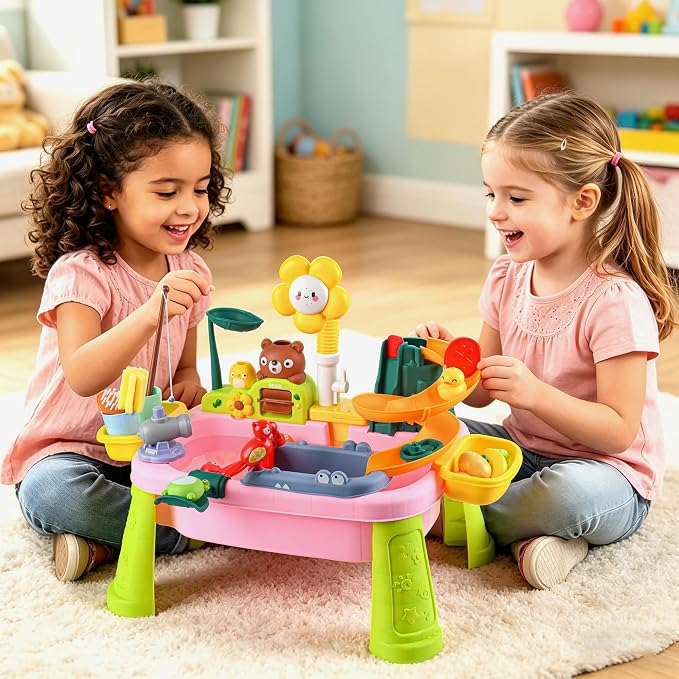 Kids Sand Water Table — 4-in-1 Kitchen Sink Toy with Battery-Powered Water Pump, Faucet, Play Food & Fishing Set, for Boys & Girls Age 3+ (Pink-Sunflower)