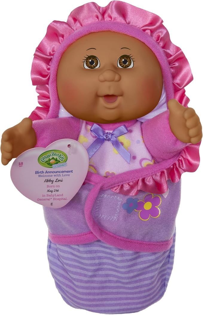 Cabbage Patch Kids Official, Newborn Baby African American Girl Doll - Comes with Swaddle Blanket and Unique Adoption Birth Announcement 9 Inches