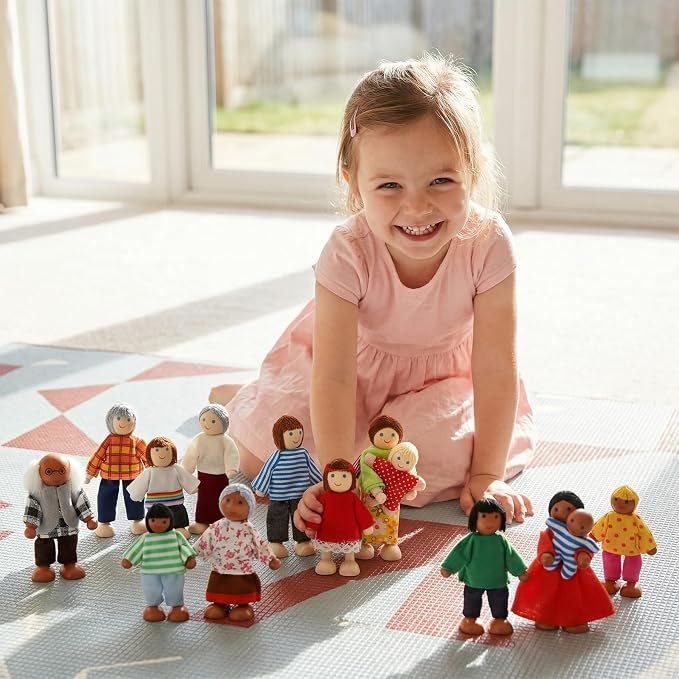 14 Pcs Wooden Dollhouse People Family Set with Movable Limbs, Mini People Figures for Doll House Play