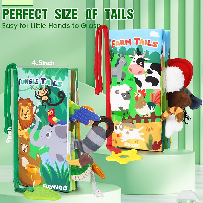 BBWOO Soft Baby Book Toy - Newborn Boy Girl Shower Gift - Tummy Time Toy for Infant 0-6 6-12 Months - Touch and Feel Sensory Crinkle Book with Teether - Baby Boy Girl Gift 2PCS
