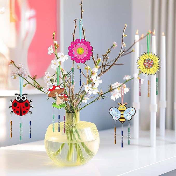 12 Pack Wind Chime Kit for Kids Make Your Own Wind Chime DIY Wood Arts and Crafts Decorative Coloring Wooden Hanging Ornaments for Girls Boys Home School Activity Party Supplies(Spring Flower Animal)
