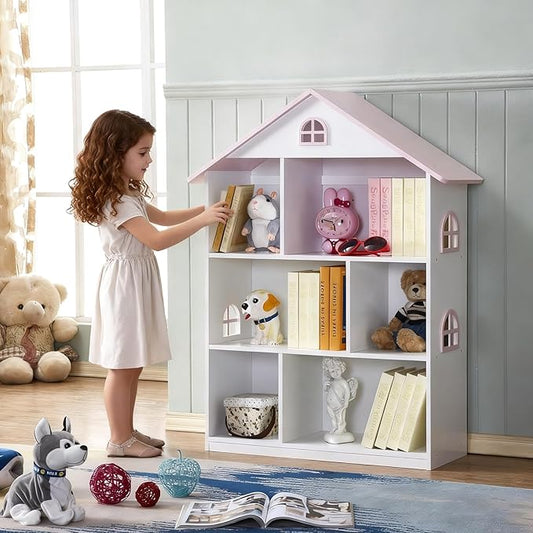 Kids Dollhouse Bookshelf and Toy Storage - Wooden Stand Dollhouse Bookcase with 3-Tier Storage Display, Bookshelf for Playing Room, Nursery, Gift for Boys Girls (6 Room - Pink with White)