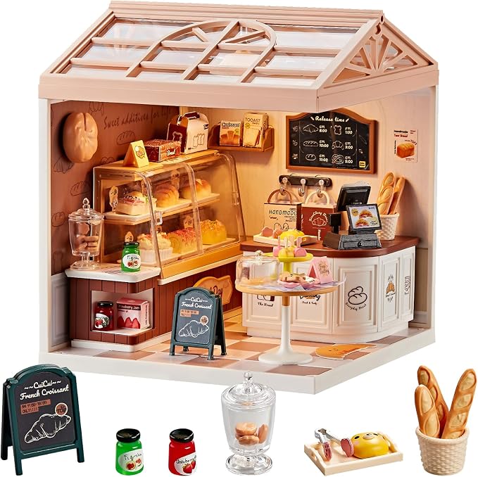 Miniature DIY House Kit Bakery Shop – 87Pcs 1:24 Scale Dollhouse Bake Shop Pastry Cafe with LED Light, Realistic Pastries & Connectable Base for Kids 8+ and Collectors