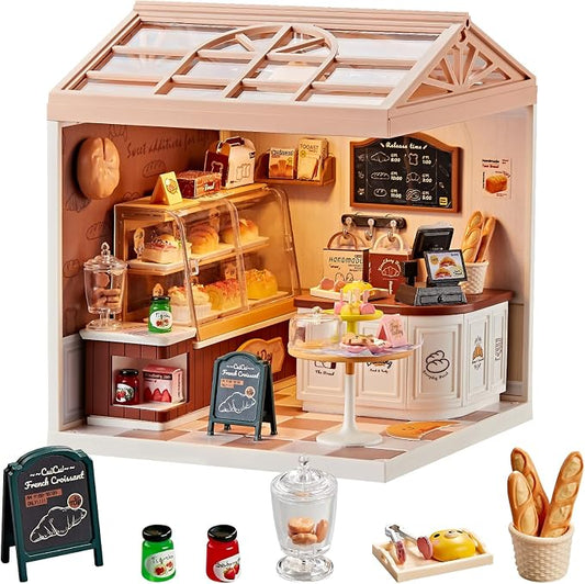 Miniature DIY House Kit Bakery Shop – 87Pcs 1:24 Scale Dollhouse Bake Shop Pastry Cafe with LED Light, Realistic Pastries & Connectable Base for Kids 8+ and Collectors