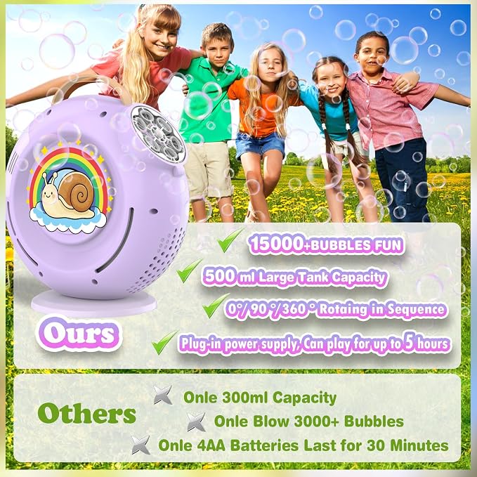 Rechargeable Bubble Machine - 15000+ Bubbles/min - 90°/360° Rotatable LED Blower for Kids Parties (Twilight Purple)