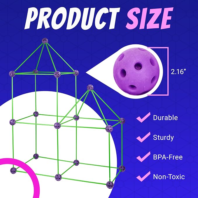 Playbees Fort Building Kit – 140 PCS STEM Toy for Kids Ages 4-12 – Build Tents, Castles & Rockets – Includes Rods, Connectors, 2 Blankets & Flashlight – Creative Building Set & Great Gift