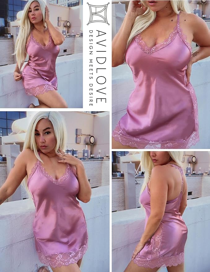 Avidlove Women Lingerie Satin Lace Chemise Nightgown Sexy Full Slips Sleepwear S-4XL