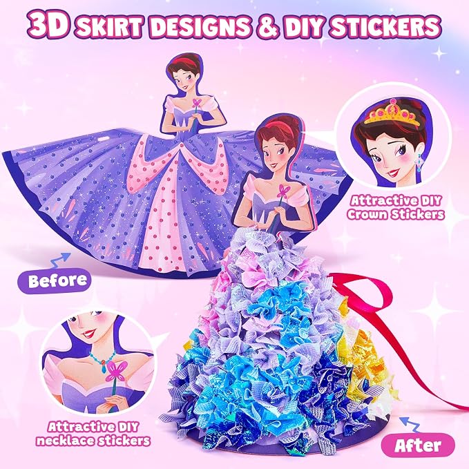 Poke-in Craft Kit for Girls, 3D Castle Princess Dress Up DIY Set with Fairy Tale Castle Scene, Paper Craft Kits, Mess-Free Creative Activity, Arts and Crafts & Birthday Gift for Girls Age 4-8 Year Old