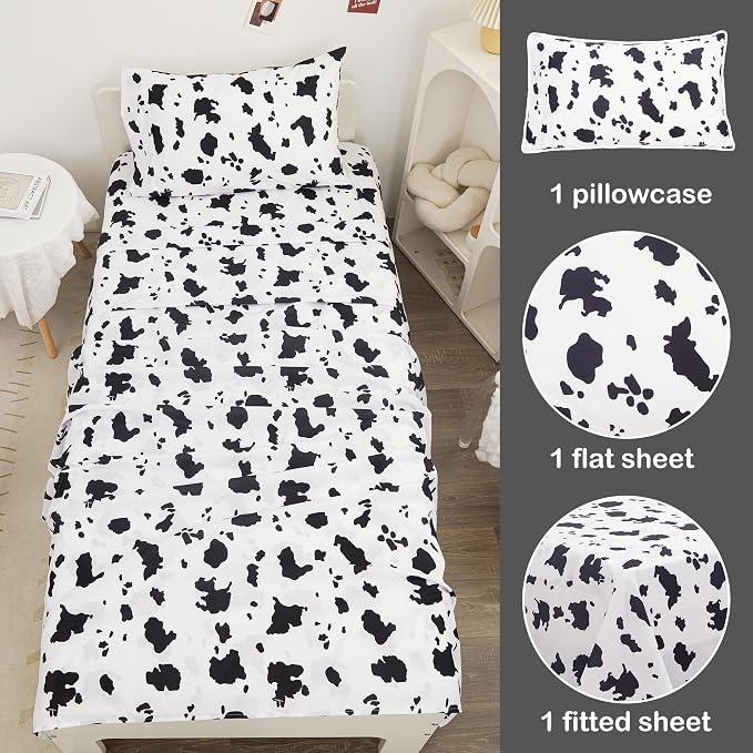 Viviland 3 Pieces Boys Girls Black White Twin Sheet Set - Soft Microfiber Fitted Flat Sheets & Pillowcase - Cute Farm Animal Cow Printed Bedding Sets - for Kids & Toddlers