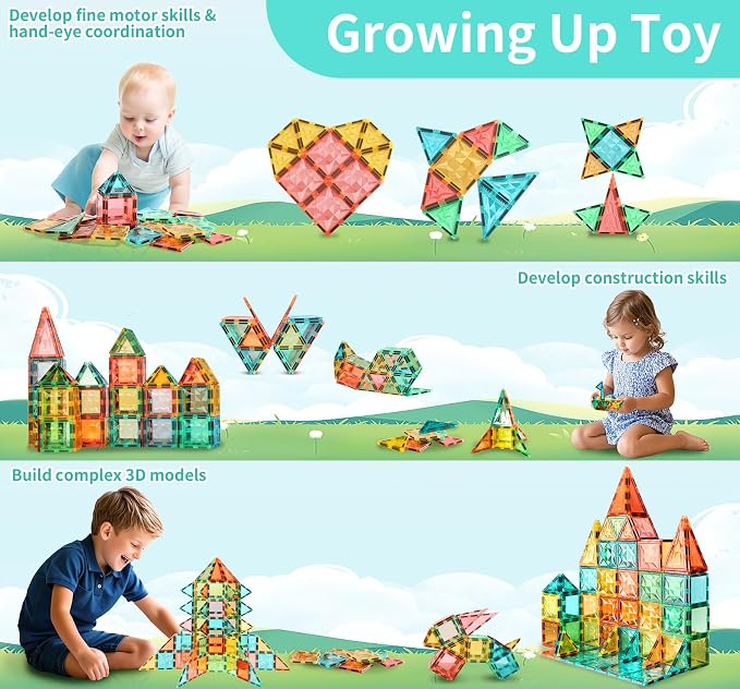 Magnetic Tiles 60-Piece Set for Kids, Magnetic Building Blocks STEM Toys for Age 3+ Boys and Girls, Educational Magnet Construction Tiles for Creativity & Learning