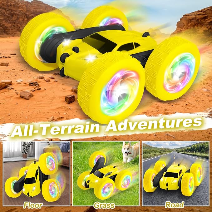 Remote Control Car, Outdoor Toys RC Cars for Kids Ages 6-12, 4WD Double Sided Stunt Vehicle with Upgraded USB-C Modular Batteries, 5 6 7 8 9 10+ Year Old Boy Birthday Yellow