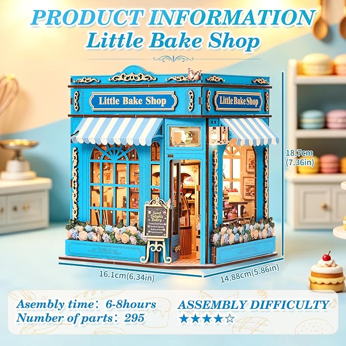 DIY Miniature Dollhouse Kit - 3D Wooden Puzzle for Adults, Illuminated Bakery Model Craft Kit with LED Light, Creative Diorama Room Decor & Hobby Gift,Little Bake Shop