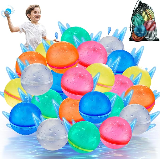 24Pcs Reusable Water Balloons, Magnetic Water Balls Quick Fill, Self-Sealing Water Toys for Kids Outdoor Games, Summer Pool Beach Party Fun