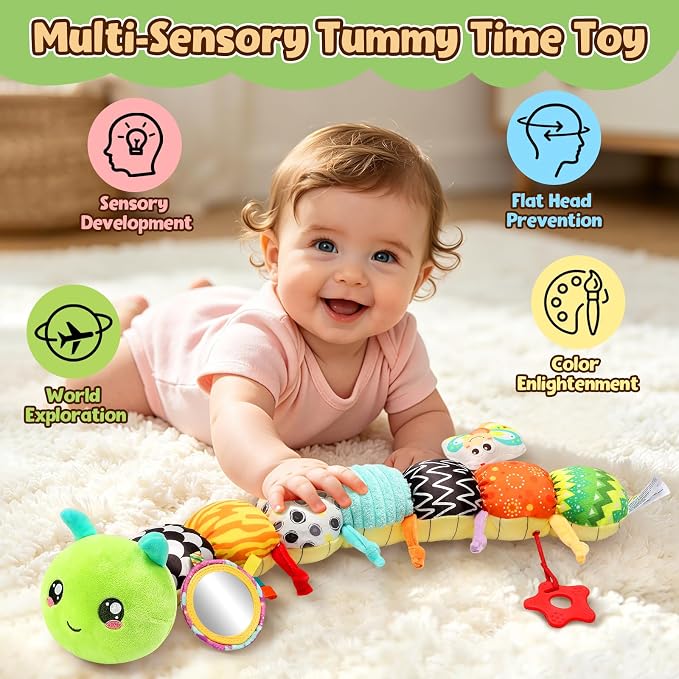 Baby Toys 0-6 6-12 Months, Caterpillar Musical Stuffed Animals Toys with Rattles Crinkle Mirror, Newborn Infant Tummy Time Toys 0-3 Months, Baby Sensory Toys for Boys Grils Shower Gifts