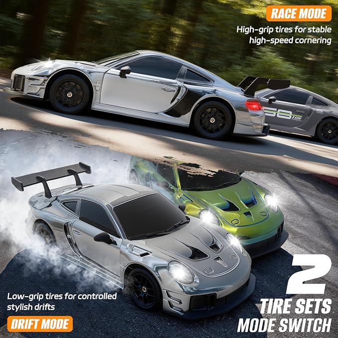 RC Drift Car, 1:24 4WD Remote Control Cars Vehicle with LED Light,2.4GHz 20KM/H High Speed RC Cars with Two Batteries & Drifting Tires Racing Sport Toy for Adults Boys Girls Kids Silve